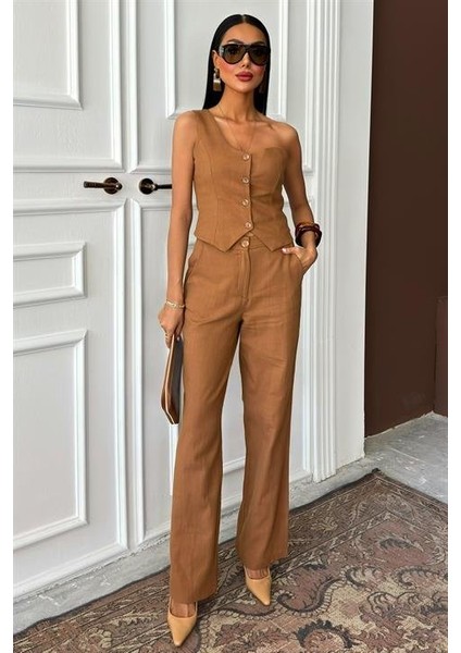 Mottisfashion Tek Omuz Büstiyer Plazzo Pantolon Viscon Takım 10159