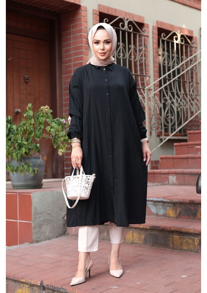 Düğmeli Siyah Tesettür Tunik 70551S