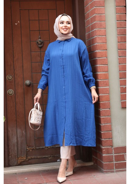 Düğmeli Sax Mavisi Tesettür Tunik 70551SX
