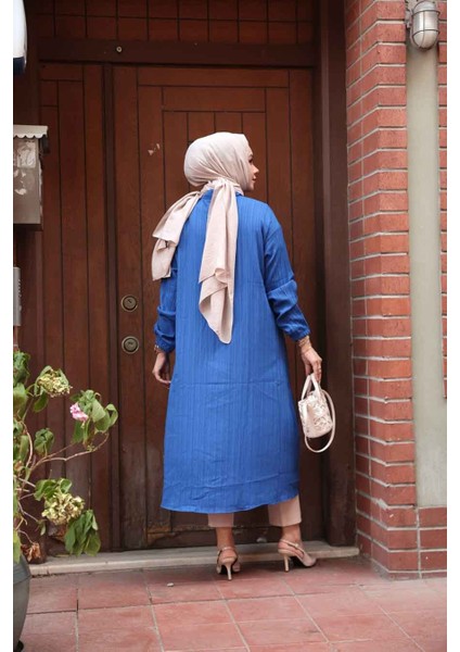 Düğmeli Sax Mavisi Tesettür Tunik 70551SX fiyatları