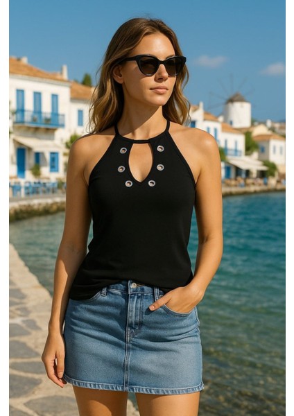Mottisfashion Kadın Askılı Kuş Gözü ve Dekolte Detay Boyundan Bağlamalı Viskon Bluz