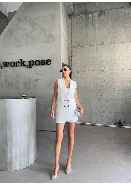 Mottisfashion Keten Yelek - Şort Takım - Beyaz fiyatları