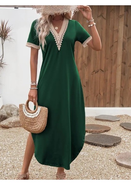 Mottisfashion Kadın Kısa Kollu Dantel V Yakalı Uzun Viskon Elbise fırsatları