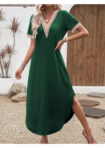 Mottisfashion Kadın Kısa Kollu Dantel V Yakalı Uzun Viskon Elbise indirimleri