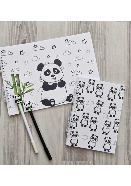 Panda Temalı Resim Defteri - A5 Defter Çizgili ve 2 Jel Kalem