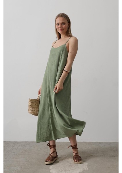 Mottisfashion Askılı Uzun Çan Elbise - Haki