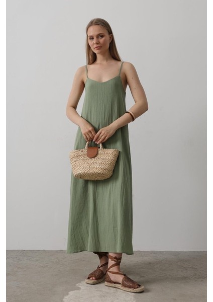 Mottisfashion Askılı Uzun Çan Elbise - Haki fiyatları