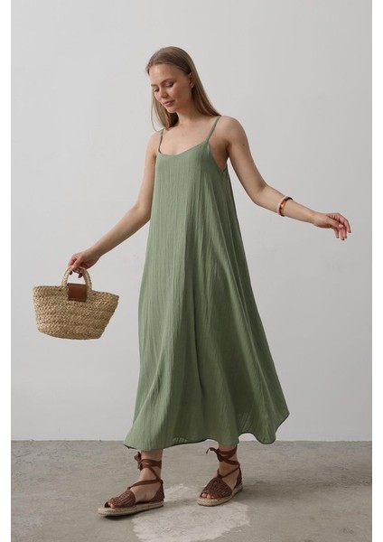 Mottisfashion Askılı Uzun Çan Elbise - Haki fırsatları