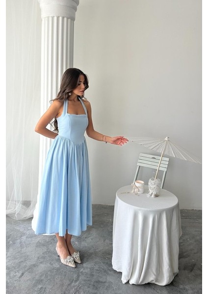 Mottisfashion Mavi Boyundan Bağlamalı Keten Elbise fiyatları