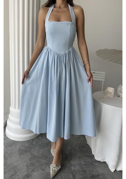 Mottisfashion Mavi Boyundan Bağlamalı Keten Elbise fırsatları