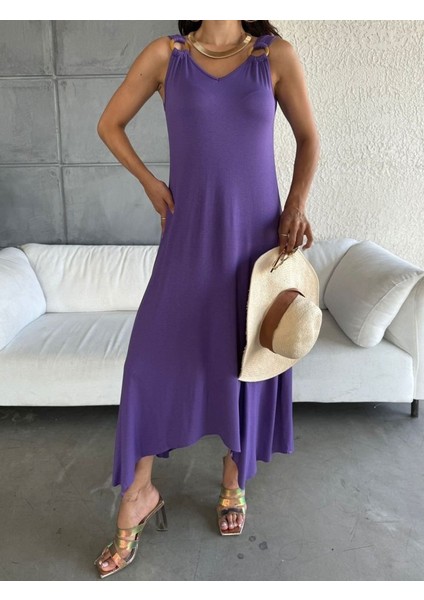 Mottisfashion Kadın Çan Dokuma Kumaş V Yaka Asimetrik Kesim Elbise