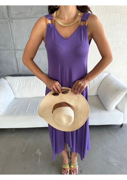 Mottisfashion Kadın Çan Dokuma Kumaş V Yaka Asimetrik Kesim Elbise fiyatları