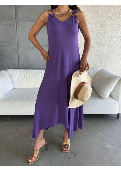Mottisfashion Kadın Çan Dokuma Kumaş V Yaka Asimetrik Kesim Elbise modelleri