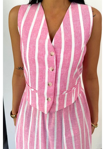 Mottisfashion Keten Çizgili Yelek - Uzun Etek Takım - Pembe modelleri
