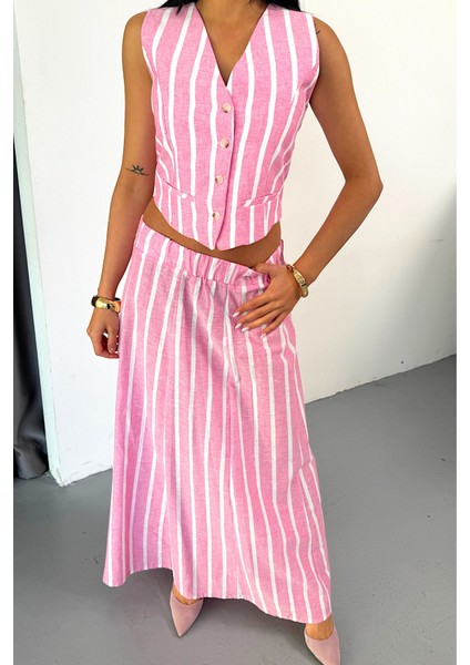 Mottisfashion Keten Çizgili Yelek - Uzun Etek Takım - Pembe fırsatları