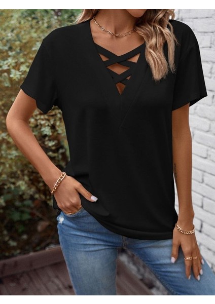 Mottisfashion Kadın Kısa Kollu Önden Çapraz Detay V Yakalı Viskon Bluz