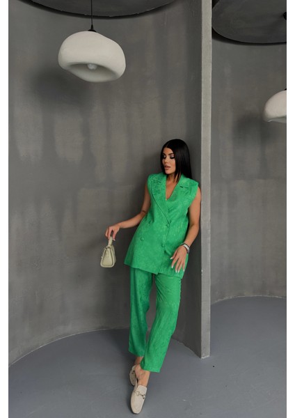 Mottisfashion Jakar Kumaş Yelek - Pantolon Takım - Yeşil