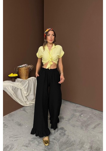 Mottisfashion Siyah Paçası Fırfırlı Keten Pantolon fiyatları
