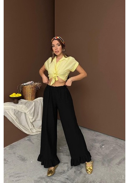 Mottisfashion Siyah Paçası Fırfırlı Keten Pantolon modelleri