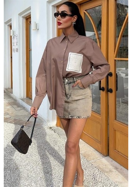 Mottisfashion Süzine Cepli Arkası Yırtmaçlı Oversize Gömlek 3420 fiyatları