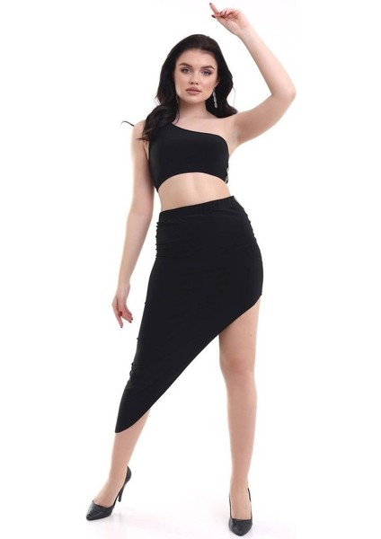 Mottisfashion Kadın Tek Omuzlu Asimetrik Etek Şerit Detaylı Fırsat Ürün Sandy Kumaş Ikili Takım