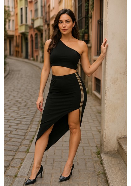 Mottisfashion Kadın Tek Omuzlu Asimetrik Etek Şerit Detaylı Fırsat Ürün Sandy Kumaş Ikili Takım modelleri