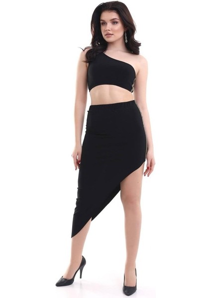 Mottisfashion Kadın Tek Omuzlu Asimetrik Etek Şerit Detaylı Fırsat Ürün Sandy Kumaş Ikili Takım