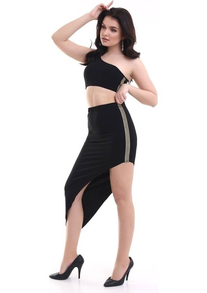 Mottisfashion Kadın Tek Omuzlu Asimetrik Etek Şerit Detaylı Fırsat Ürün Sandy Kumaş Ikili Takım