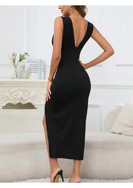 Mottisfashion Kadın Askılı Derin V Dekolteli Yırtmaçlı Janjan Krep Elbise indirimleri