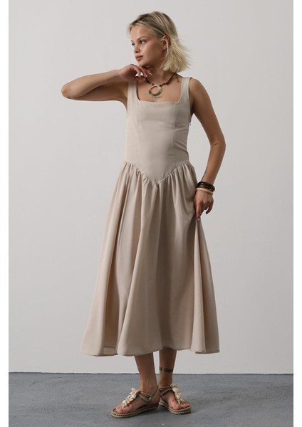 Mottisfashion Askılı Uzun Elbise - Taş