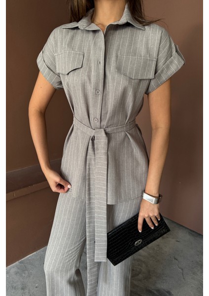 Mottisfashion Çizgili Polyviskon Bluz - Pantolon Takım - Gri fiyatları