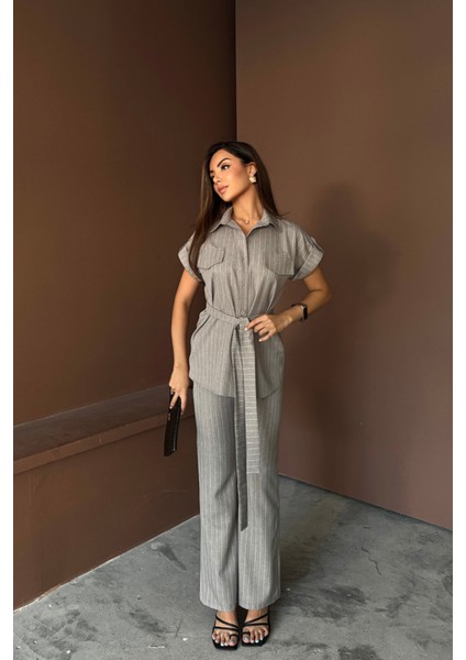 Mottisfashion Çizgili Polyviskon Bluz - Pantolon Takım - Gri modelleri