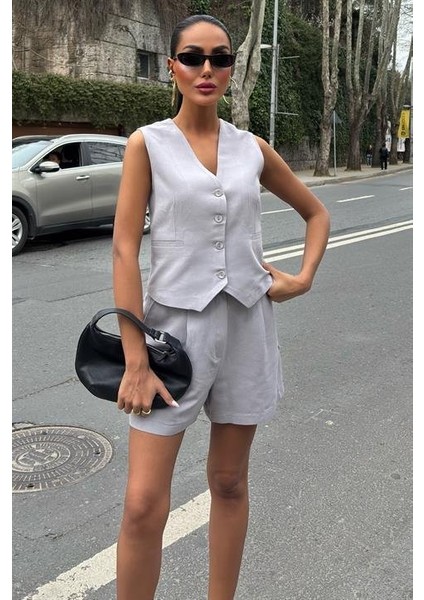 Mottisfashion Yelek Şort Flamlı Keten Takım 10133-17
