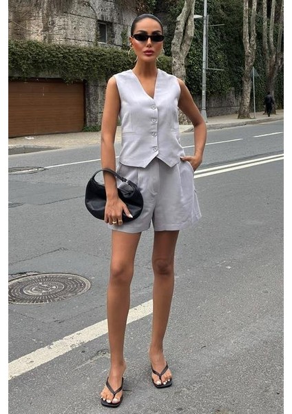 Mottisfashion Yelek Şort Flamlı Keten Takım 10133-17 modelleri