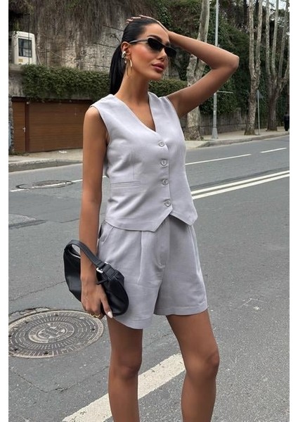 Mottisfashion Yelek Şort Flamlı Keten Takım 10133-17