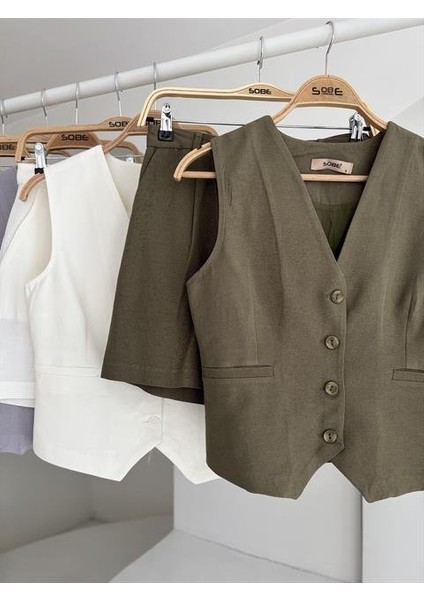 Mottisfashion Yelek Şort Flamlı Keten Takım 10133-17