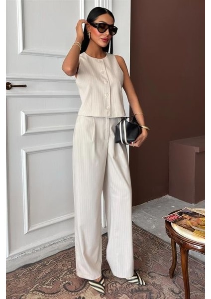 Mottisfashion Yelek Plazzo Pantolon Çizgili Flamlı Poliviscon Takım 10178 fiyatları