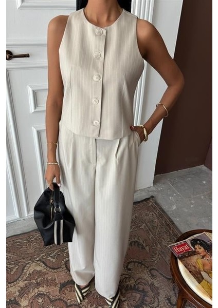 Mottisfashion Yelek Plazzo Pantolon Çizgili Flamlı Poliviscon Takım 10178 indirimleri