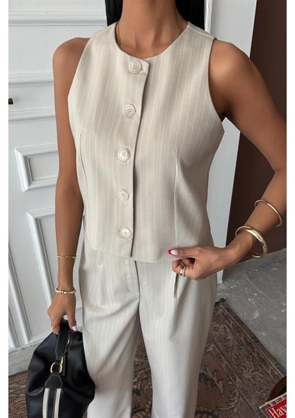 Mottisfashion Yelek Plazzo Pantolon Çizgili Flamlı Poliviscon Takım 10178