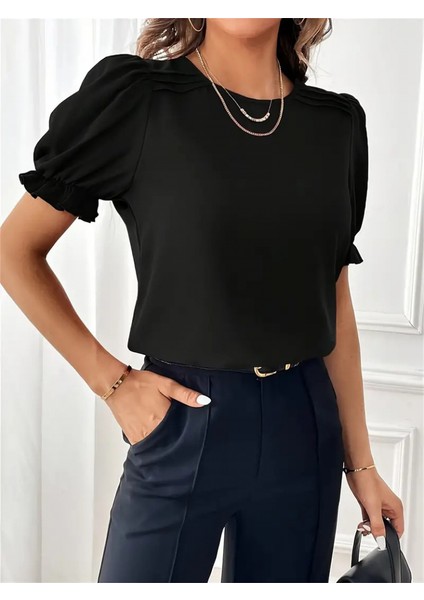 Mottisfashion Kadın Kısa Kollu Bisiklet Yaka Kolları Gipeli Ithal Krep Bluz fırsatları