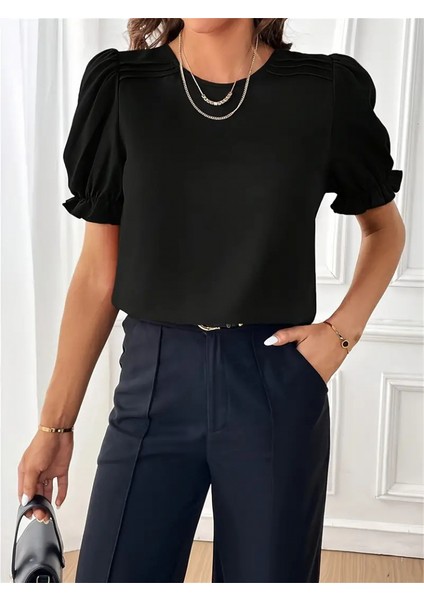 Mottisfashion Kadın Kısa Kollu Bisiklet Yaka Kolları Gipeli Ithal Krep Bluz indirimleri