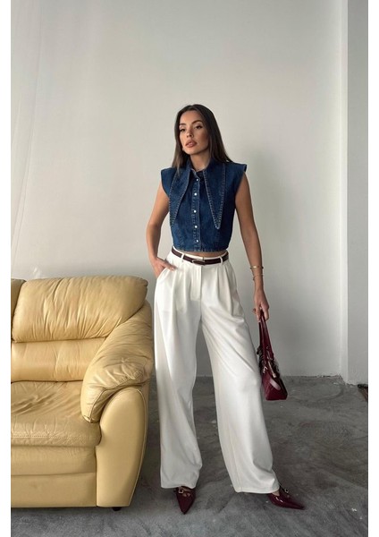 Mottisfashion Mavi Yaka Detaylı Denim Crop