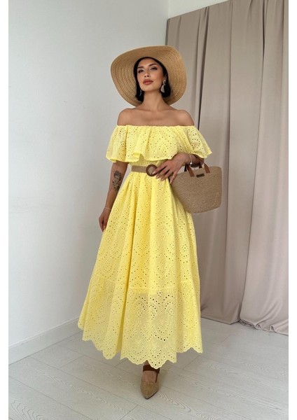 Mottisfashion Sarı Omzu Lastikli Brode Elbise
