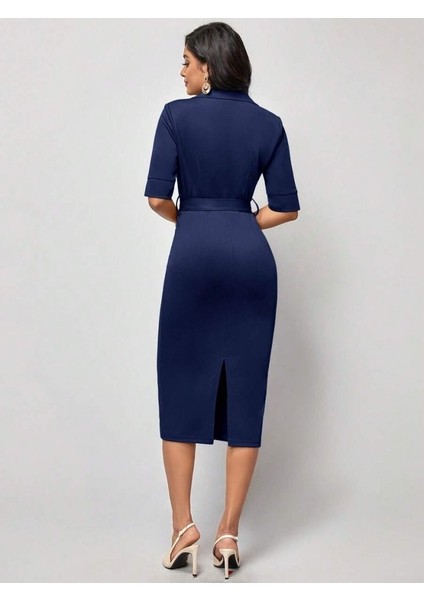 Mottisfashion Kadın Kısa Kollu Yakalı Kruvaze Yakalı Beli Kemerli Midi Modal Elbise fırsatları