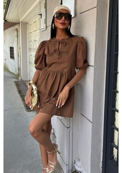 Mottisfashion Önü Fiyonk Bağlamalı ve Balon Kollu Elbise 2893