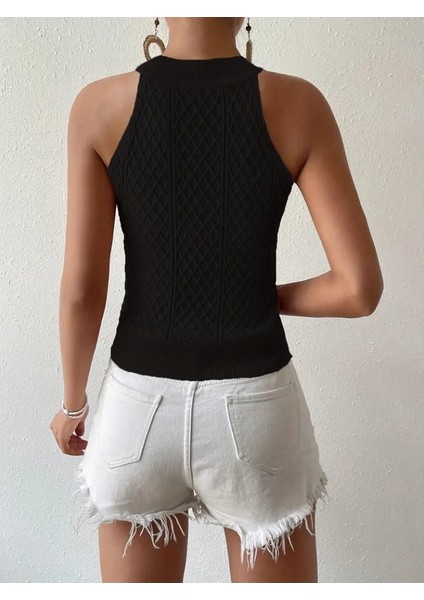 Mottisfashion Kadın Kolsuz Halter Yaka Mini Baklava Desenli Triko Bluz