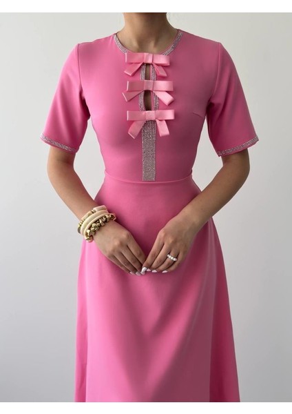 Mottisfashion Wera Taşlı Fiyonk Detaylı Elbise