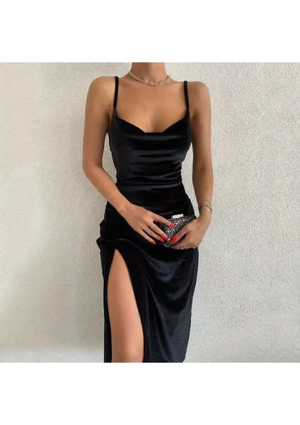 Mottisfashion Kadın Askılı Degaje Yakalı Yırtmaçlı Kadife Midi Elbise