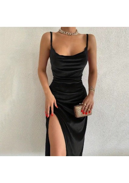 Mottisfashion Kadın Askılı Degaje Yakalı Yırtmaçlı Kadife Midi Elbise fiyatları