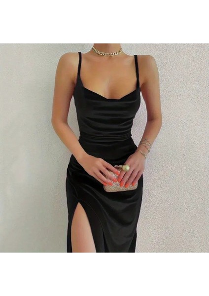 Mottisfashion Kadın Askılı Degaje Yakalı Yırtmaçlı Kadife Midi Elbise modelleri